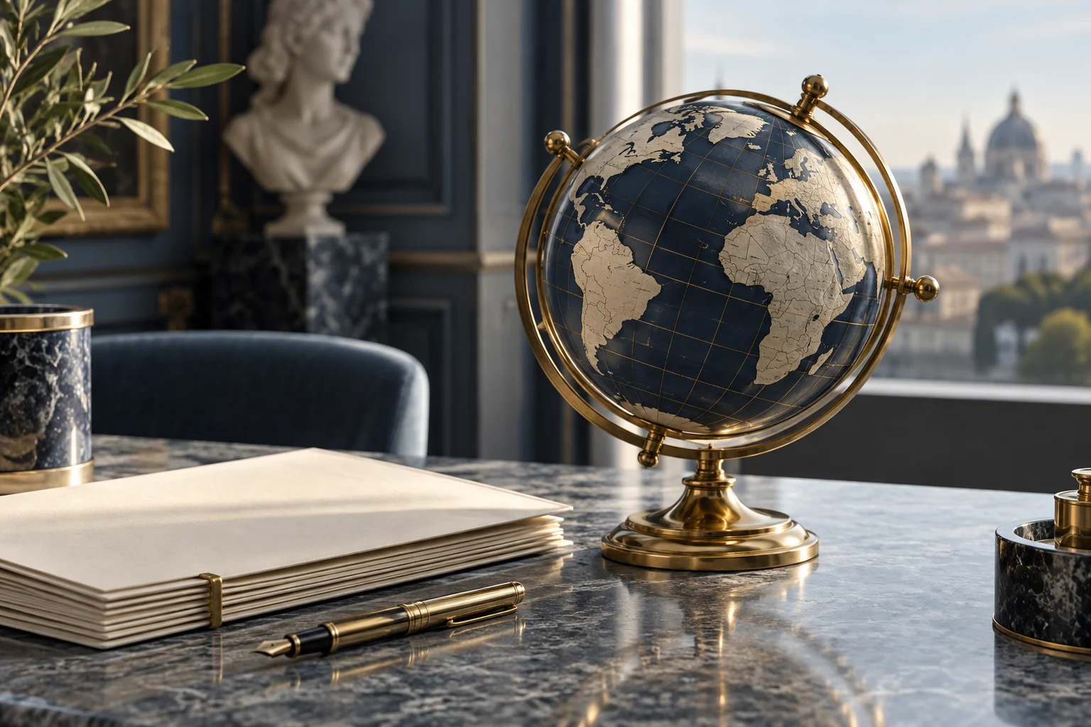 Immagine illustrativa di un globo e documenti per operazioni commerciali internazionali